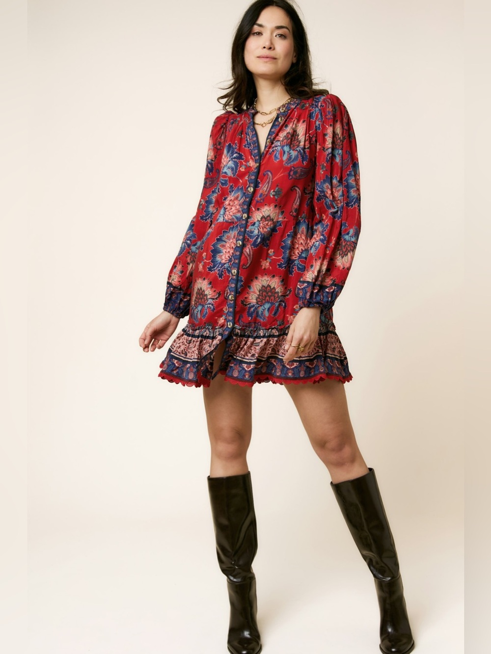FARM Rio Luang Mini Dress NWT Size S – Red Floral Blue Paisley Puff Sleeve Ruffl